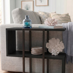 Homia Stepped Side Table with Open Shelves – Living Room End Table – Black Wood