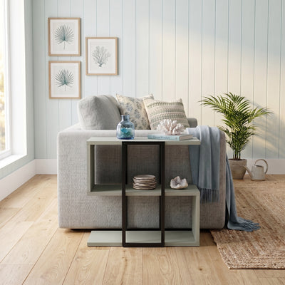 Homia Stepped Side Table with Open Shelves – Living Room End Table – Ash Green