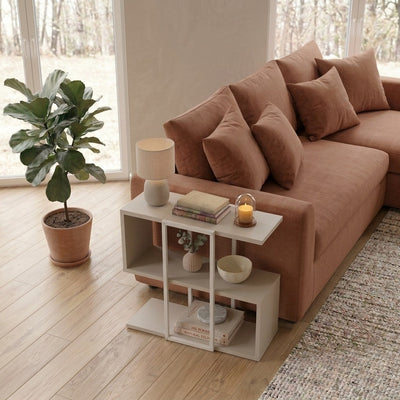 Homia Stepped Side Table with Open Shelves – Living Room End Table – Sandstone