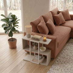 Homia Stepped Side Table with Open Shelves – Living Room End Table – Sandstone