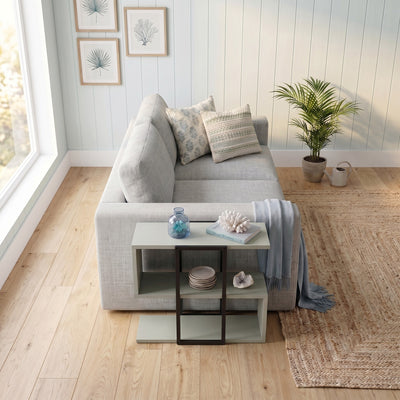 Homia Stepped Side Table with Open Shelves – Living Room End Table – Ash Green