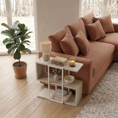 Homia Stepped Side Table with Open Shelves – Living Room End Table – Travertine