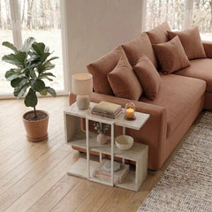 Homia Stepped Side Table with Open Shelves – Living Room End Table – Travertine