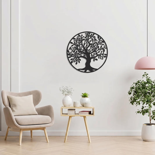Tree with Birds Metal Wall Art (45cm) in Texture Black, hung above a side table