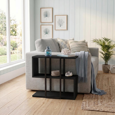 Homia Stepped Side Table with Open Shelves – Living Room End Table in Black Wood
