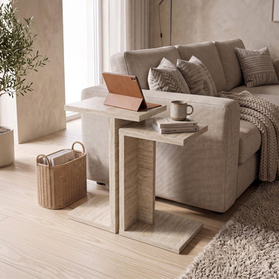 Nero C-Shaped 2-Part Nesting Side Table in Travertine