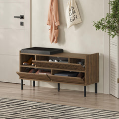 Heaton Modern Shoe Storage Bench – 3 Door Hallway Shoe Cabinet Seat – Dark Oak