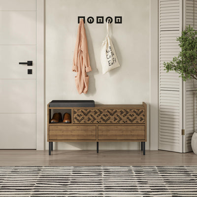Heaton Modern Shoe Storage Bench – 3 Door Hallway Shoe Cabinet Seat in Dark Oak