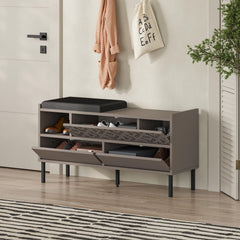 Heaton Modern Shoe Storage Bench – 3 Door Hallway Shoe Cabinet Seat – Light Mocha