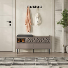 Heaton Modern Shoe Storage Bench – 3 Door Hallway Shoe Cabinet Seat – Light Mocha