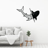 Shark metal wall art in Texture Black hung above a sofa in a living room, 64x45cm
