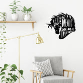 Dreams Come True metal wall art in Texture Black hung above a sofa in a living room, 68x60cm