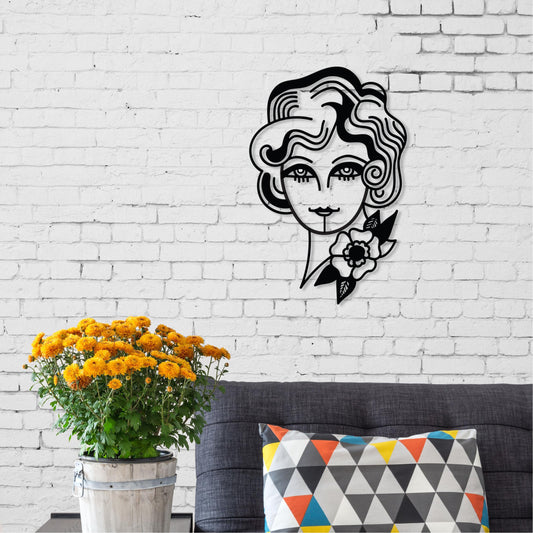 Woman In Flowers metal wall art, 33x50cm, hung above a dressing table in a bedroom