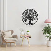 Tree with Birds Metal Wall Art (75cm) in Texture Black, hung above a side table