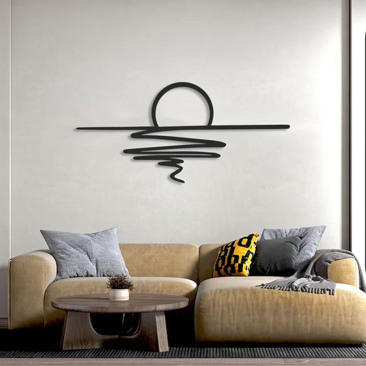 Sunset Metal Wall Art (75x35cm) in Texture Black, hung above a sofa