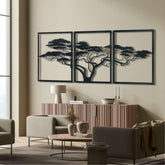 African Tree Metal Wall Art (150x74cm) in Texture Black, hung above a sofa