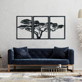 African Tree Metal Wall Art (120x60cm) in Texture Black, hung above a sofa