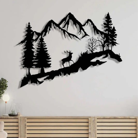 Deer in the Forest Metal Wall Art (75cm) in Texture Black, hung above a sideboard