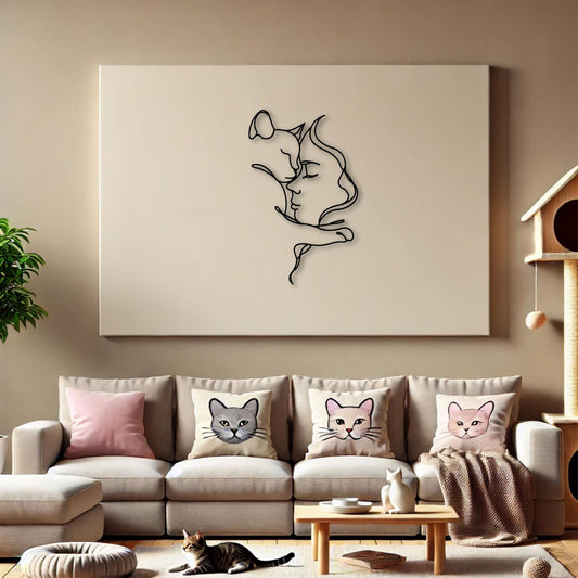 Cat Lover Metal Wall Art (70cm) in Texture Black, hung in a living room