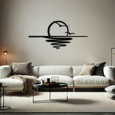 The Sun Metal Wall Art (120x55cm) in Texture Black, hung above a sofa