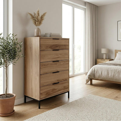 Mars 5 Drawer Tall Chest of Drawers Whiskey Oak W70 cm in Whiskey Oak