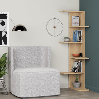 Saso 5-tier Corner Bookcase styled in a room corner