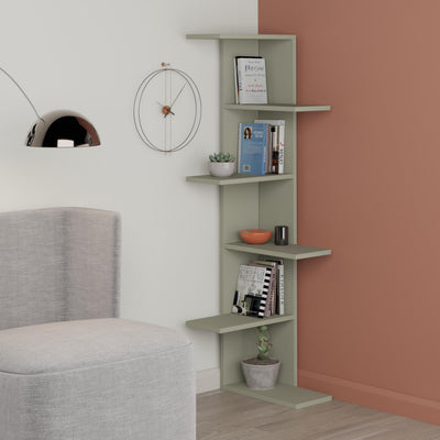 Saso 5-tier Corner Bookcase styled in a room corner