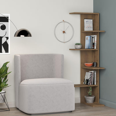 Saso 5-tier Corner Bookcase styled in a room corner