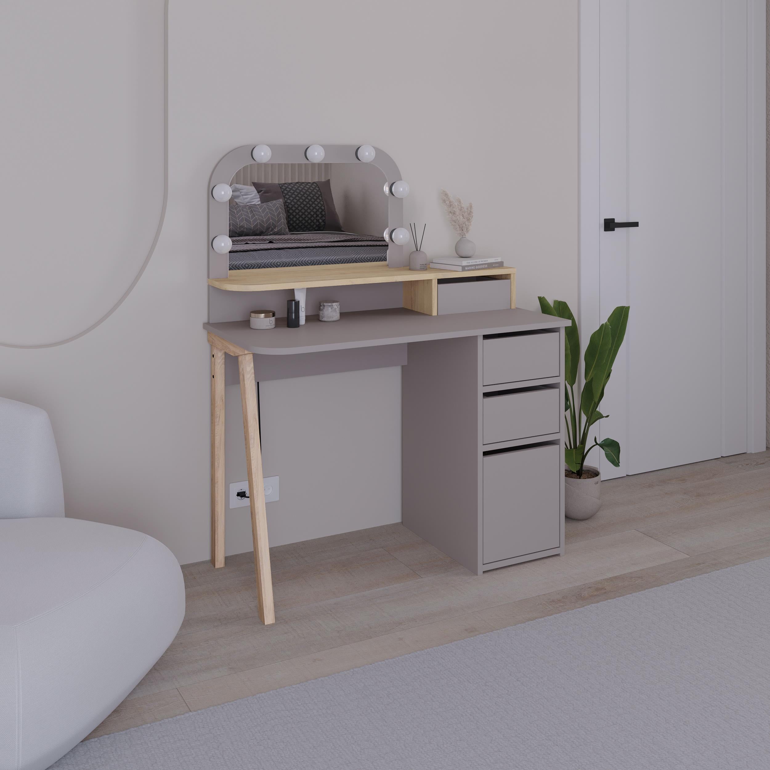 Avien Dressing Table Set – LED Mirror, 3 Drawers & Storage Cabinet