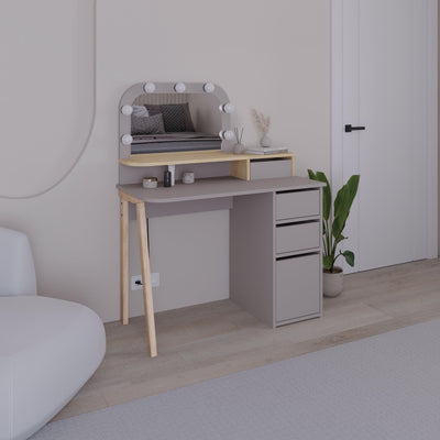 Avien Dressing Table Set – LED Mirror, 3 Drawers & Storage Cabinet in Light Mocha,Sapphire Oak