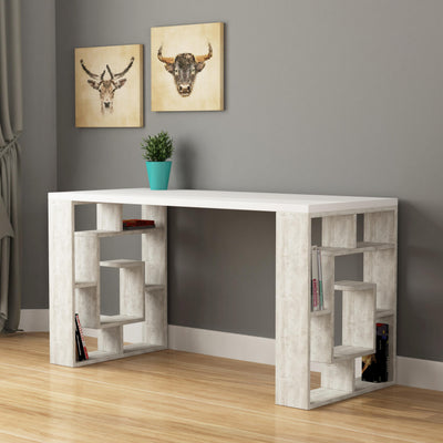 Labirent Modern Desk With Bookshelf Legs Width 137cm in White,Ancient White