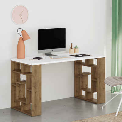 Labirent Modern Desk With Bookshelf Legs Width 137cm in White,Dark Oak