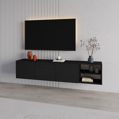 Conrad TV Unit – 180 cm – 3 Soft Close Doors Wall Mounted Entertainment Centre in Black Wood