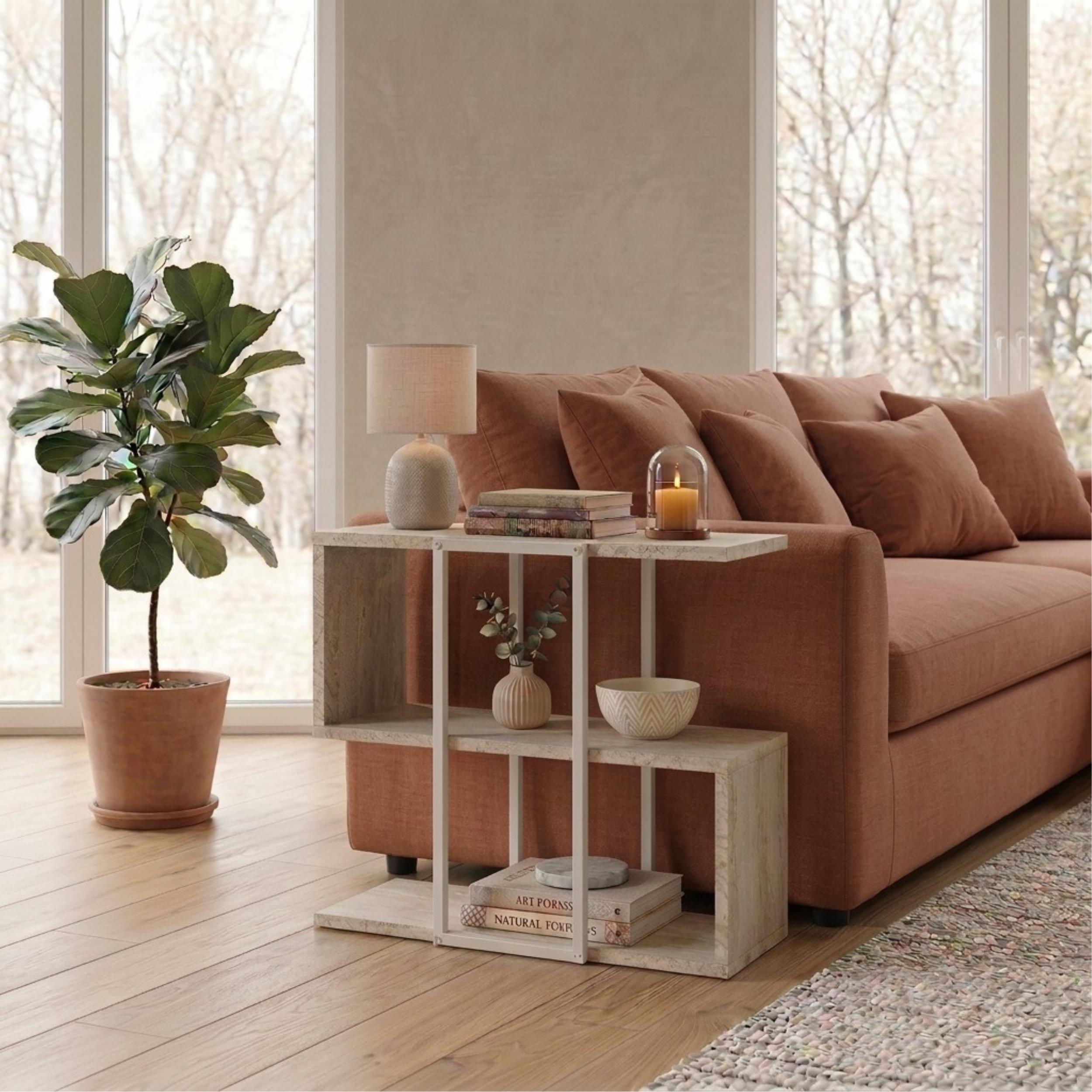 Homia Stepped Side Table with Open Shelves – Living Room End Table
