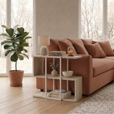 Homia Stepped Side Table with Open Shelves – Living Room End Table in Travertine