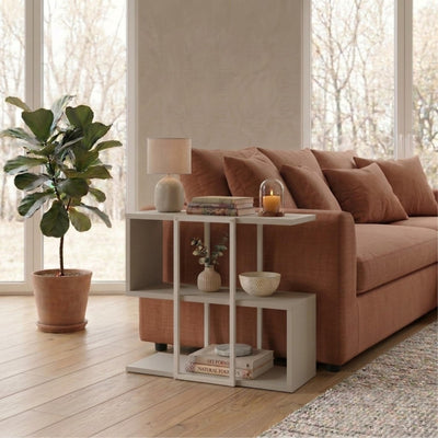 Homia Stepped Side Table with Open Shelves – Living Room End Table in Sandstone