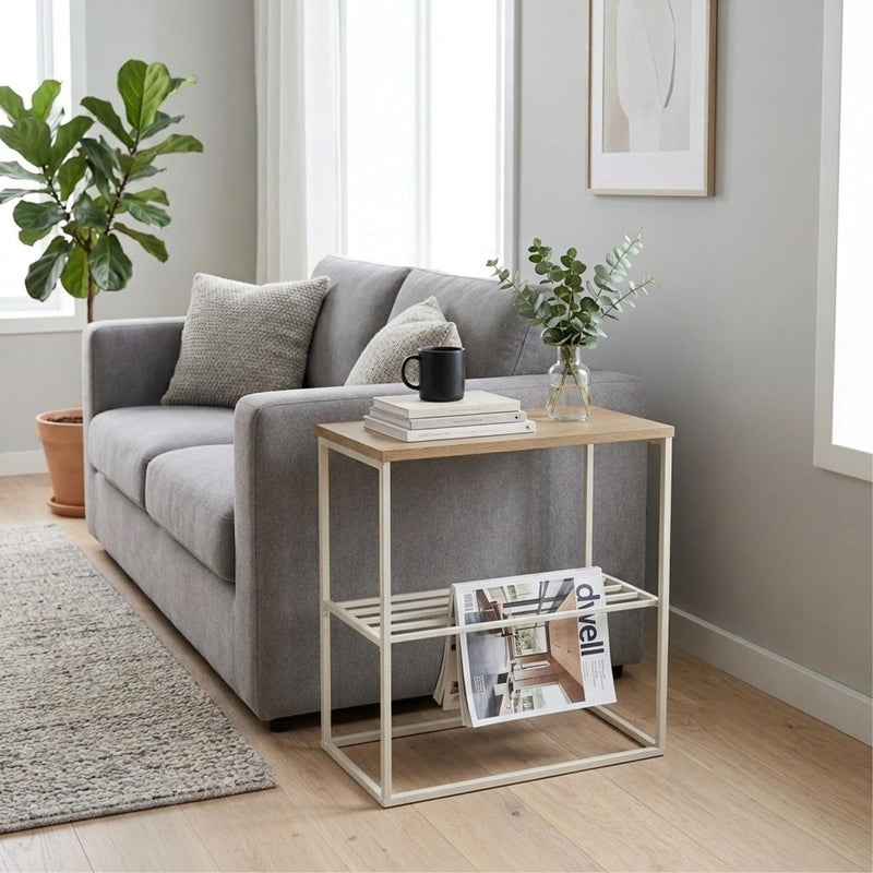 Teno Side Table with Storage Shelf in Naturak Oak, Sandstone