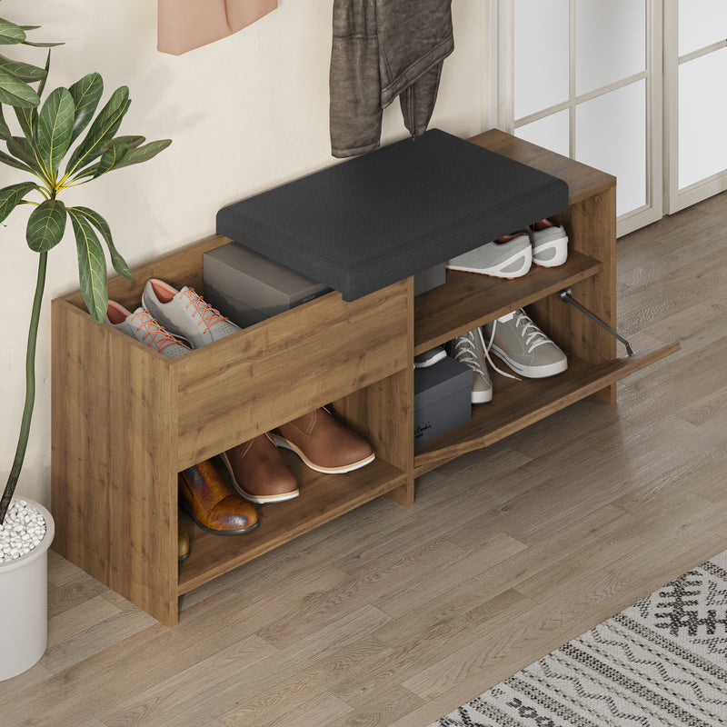 Filux Shoe Bench – open storage compartment view – hallway bench with shoe storage – Decortie
