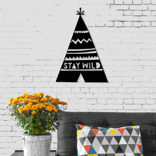 Metal Wall Art No.19 Stay Wild in matte black, teepee design with tribal pattern