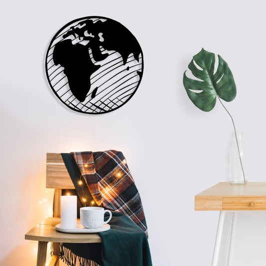 Our Planet Metal Wall Art in Black, fine-line Earth design
