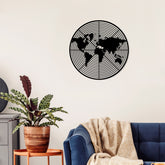 Dart World Metal Wall Art in Black, world map set within dartboard-style rings