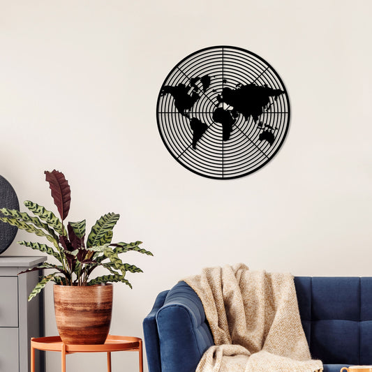 Dart World Metal Wall Art in Black, world map set within dartboard-style rings