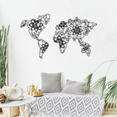 Mandala Metal Wall Art in Black, world map and mandala design on a living room wall
