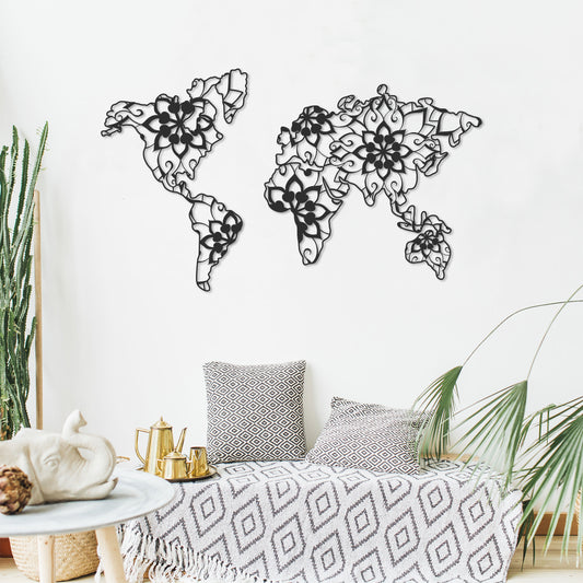 Mandala Metal Wall Art in Black, world map and mandala design on a living room wall