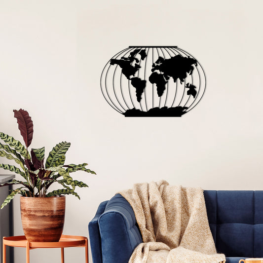 Meridian Metal Wall Art in Black, circular world map with meridian lines