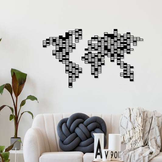 Pixel Metal Wall Art in Black, pixelated grid world map design