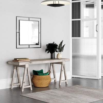 Corner Modern Design Mirror in Black, hung in a hallway