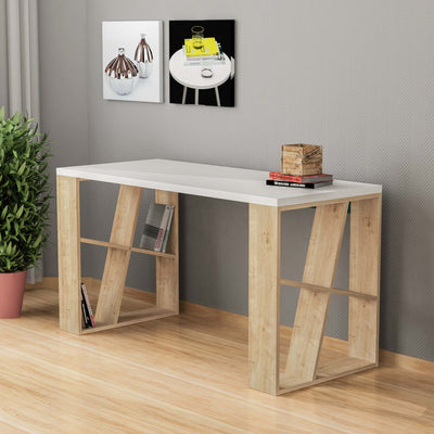 Honey Modern Desk With Bookshelf Legs Width 137cm in Oak,White