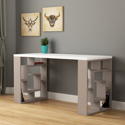 Labirent Modern Desk With Bookshelf Legs Width 137cm in Light Mocha,White