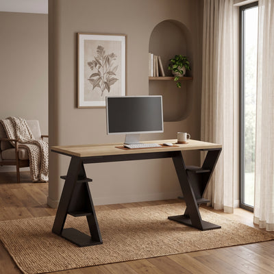 Papillon Modern Desk With Bookshelf Legs Width 137cm in Sapphire Oak,Silky Black